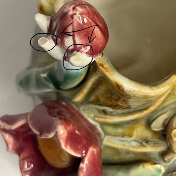 Vintage Majolica Green Glaze Leaves and Frog w Roses Vase Planter Incised Mark - Picture 8 of 14